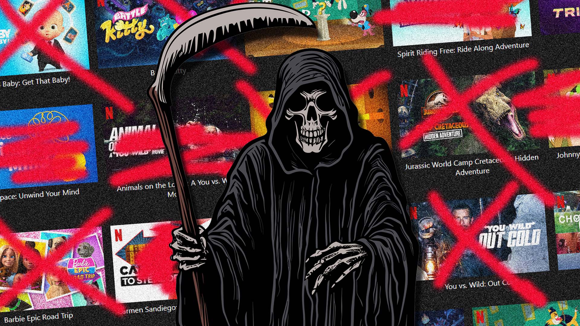 An image shows the grim reaper in front of a soon-to-be-deleted Netflix show. 